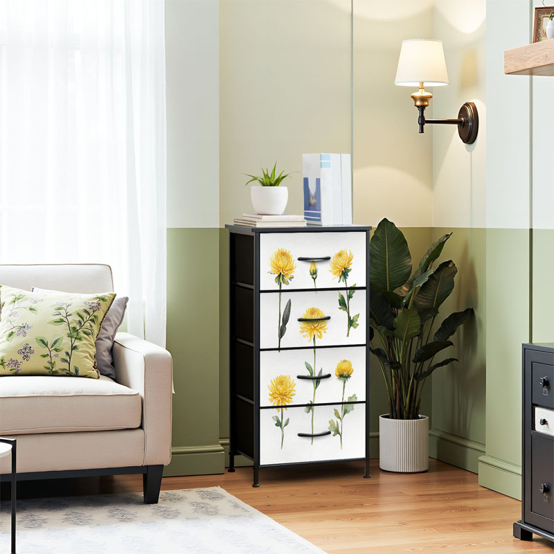 Commode pour commode de chambre à coucher pour ensemble de garde-robe aquarelle jaune chrysanthème vert feuilles blanches Commodes et commodes à tiroirs en tissu à main rétro