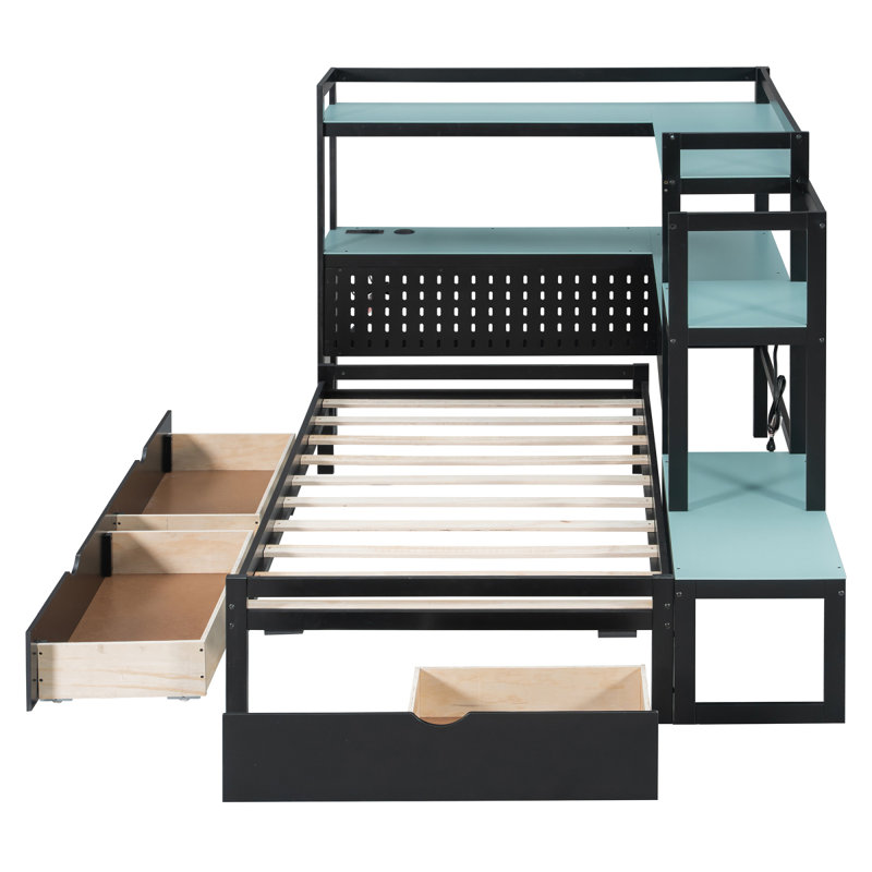 Twin Size Gaming Daybed With Integrated Desk And LED Light, Modern Wooden Bed Frame With 3 Storage Drawers And Built-In Charging Station, Multi-Functional Headboard Bookcase, Black+Blue