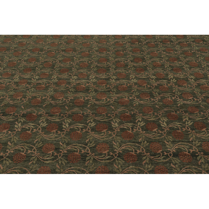 Black Print Hand Knotted Wool Floral Area Rug, Rectangle 4' x 5'