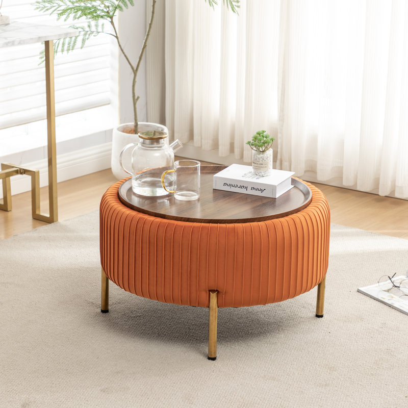 Miajah Upholstered Round Storage Ottoman, Orange