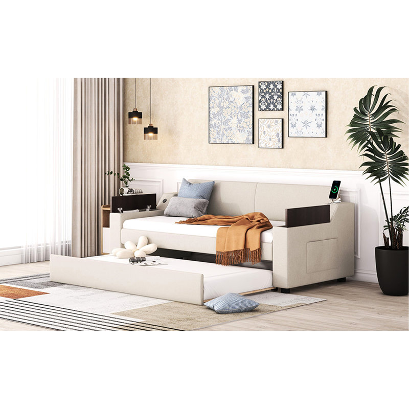 Lit de jour beige avec structure solide et lit gigogne beige