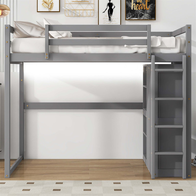 Lit mezzanine fonctionnel en bois avec garde-robe intégré, tablettes de rangement et éclairage à DEL pour une utilisation et un confort accrus