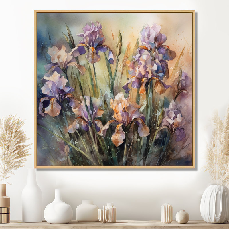 Purple Green Wild Irises II - Print, 30" H x 30" W, Maple Floater Framed