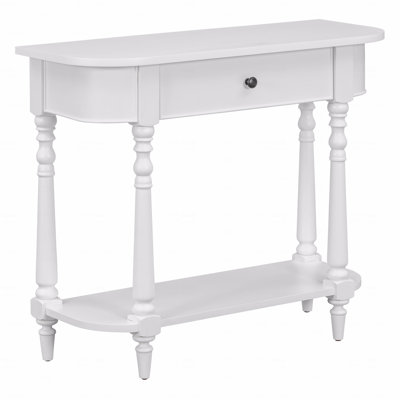 Narrow Console Table With Curved Corner, Retro Entryway Table With Top Drawer And Open Shelf, Sofa Table Console Tables