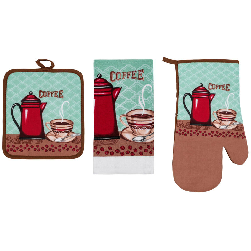 Ensemble de linge de cuisine imprimé 3 pièces PREMIUS, tasse à café, 1 serviette en coton, 1 support à casserole, 1 gant de cuisine