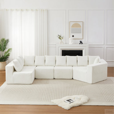 151.6-inch Extra-Large L-Shaped Deep-Seat Modular Sofa Chenille Fabric Sectional Sofa Includes 11 Pillows Curved Recliner Floor-Standing Living Room Sofa No Assembly Required   Beige