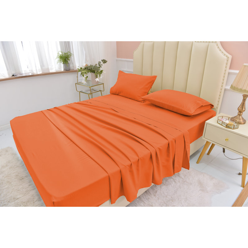  Ensemble de draps 1800 fils en rayonne de bambou, Ensemble de draps pour lit simple + drap-housse + , Orange