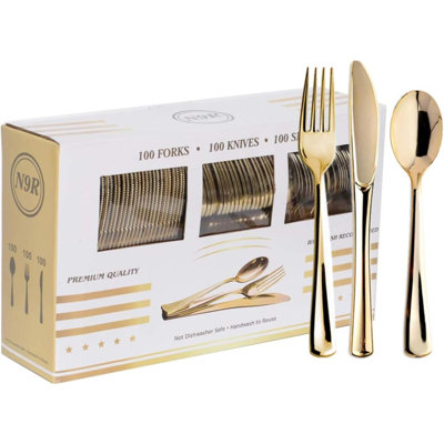 300PCS  Plastic Silverware, Heavy Duty  Plastic Cutlery Set Disposable Flatware Dinnerware, 100 Forks, 100 Spoons, 100 Knives, Perfect For Party, Wedding And Daily Use