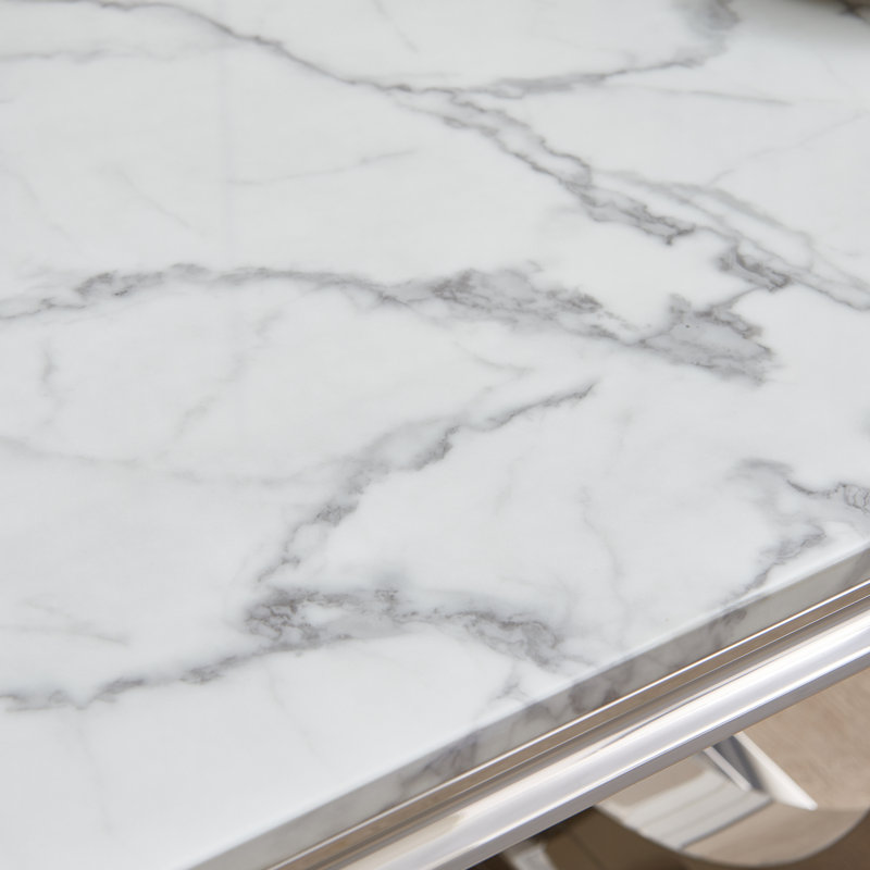 70" Faux Marble Top Metal Base Dining Table, White, Silver