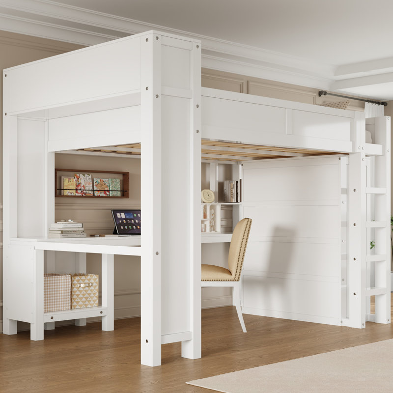 Grand lit mezzanine en bois avec bureau, garde-robe, rangement pour tête de lit et chargement USB, blanc, Blanc
