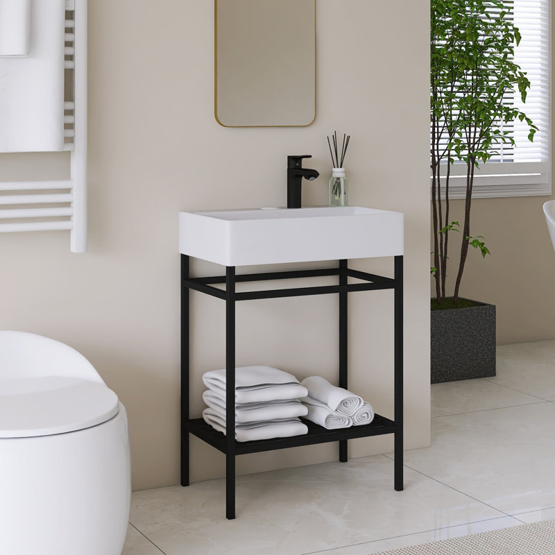 Meuble-lavabo simple autoportant 24 po avec plateau en céramique intégré, Noir, Blanc