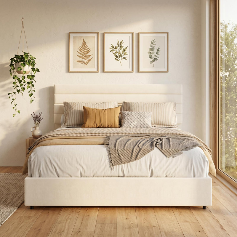 Structure de lit grand format, lit plateforme avec rangement en velours avec 4 tiroirs, support de lattes en bois, aucun sommier requis, assemblage facile, beige