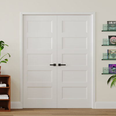 Double Door Set 5 Panel Shaker Molded Hollow Core Interior Door, Pre-Finished Smooth Pure White Grain-Free Surface No Wood Grain, Modern Reversible Swing Interior Double Doors, Complete Kit with Door Jamb, Hinges & Door Handle Hardware Included