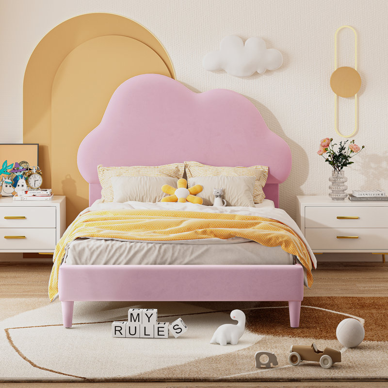 Lit tapissier en forme de nuage de taille, lit plateforme en velours avec tête de lit, aucun sommier nécessaire, Rose