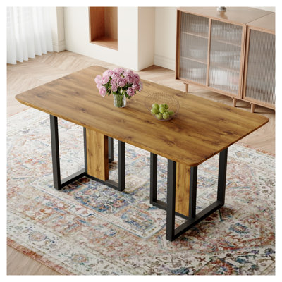 Industrial Modern Rectangular Dining Table with Wood-Grain MDF Top and Black Metal Base