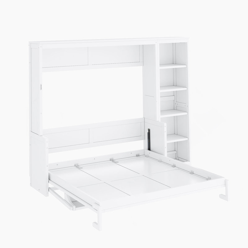 Structure de lit, lit escamotable avec bureau et bibliothèque, Blanc, Grand lit
