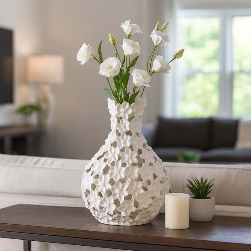 Vase de table en céramique à motif floral Adeline pour la décoration intérieure, Hauteur totale - 15 pi, Ivoire ivoire