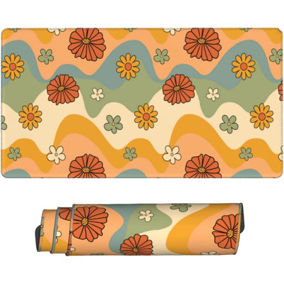 Desk Pad,70s Retro Floral Desk Mat Extended Large for Office Work & Game,Non-Slip Rubber Base and Stitched Edges,Suitable for Offices,Keyboards,Computers and Laptops 11.87" X 27.56"