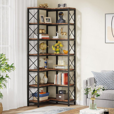 Grande bibliothèque d'angle à 7 niveaux 79,53 "de haut, bibliothèque de rangement en bois et métal pour le bureau à domicile