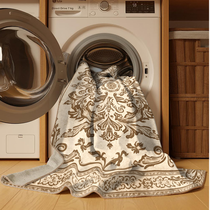 Tapis beige lavable à la machine Pavla, Rond 7 pi