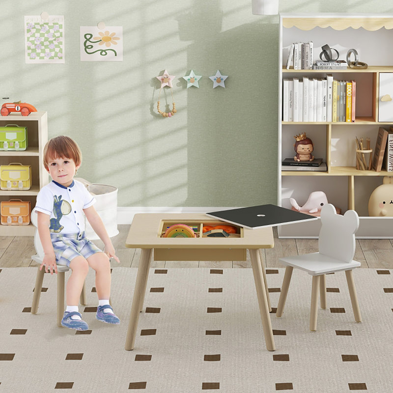 Three Piece Square Flip Top Kids Activity Table Set Two Mickey Ear Backrest Chairs Built In Divided Toy Storage Compartment Dual Sided Drawing Board Top For Children Ages Three To Six Nursery Playroom Classroom Furniture