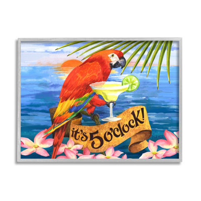 Impression de perroquet tropical avec cocktail encadré sur bois par David Sands