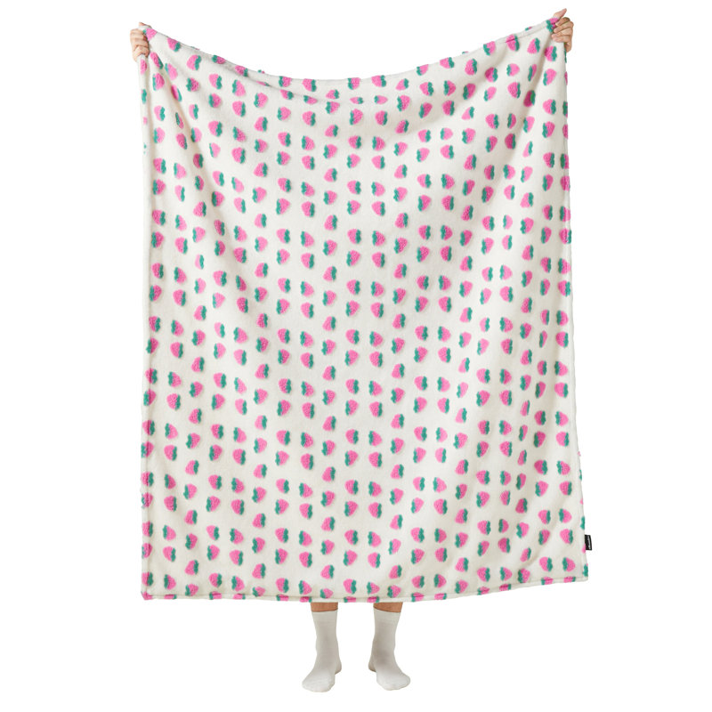XL Pink Strawberry Jacquard Blanket with Faux Fur Back