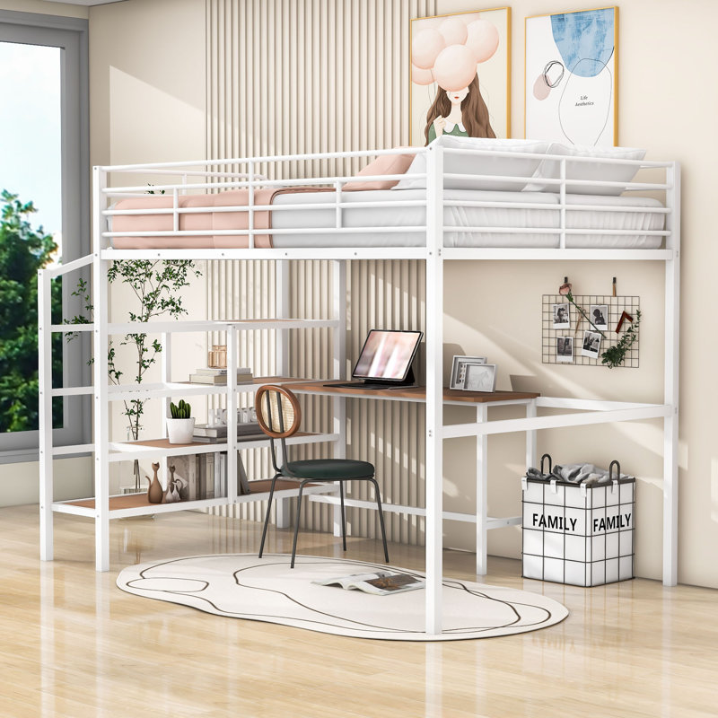 Full Metal Contemporary Loft Bed With Built-In-Desk And Shelves, White