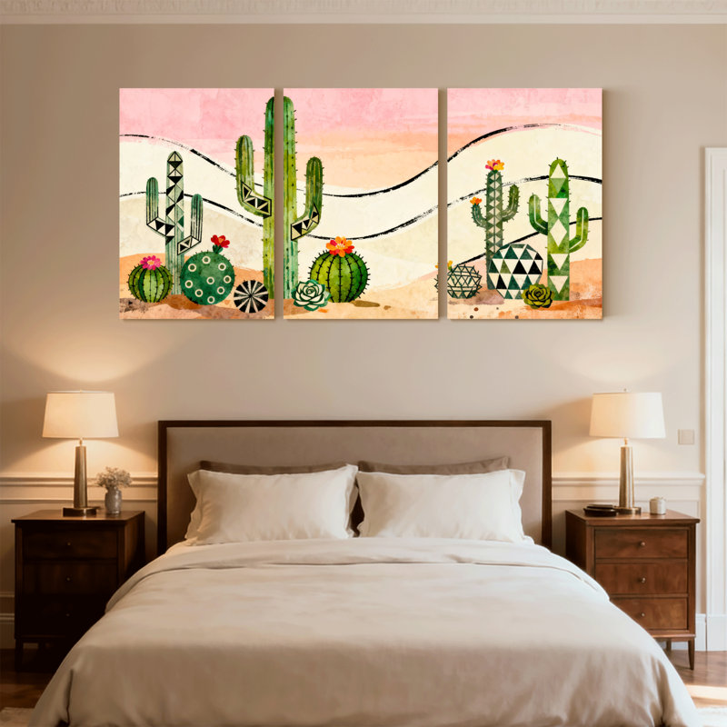 Cactus, paysage de désert de cactus avec motifs géométriques, ensemble de 3 impressions sur toile, H 24 po x l 48 po
