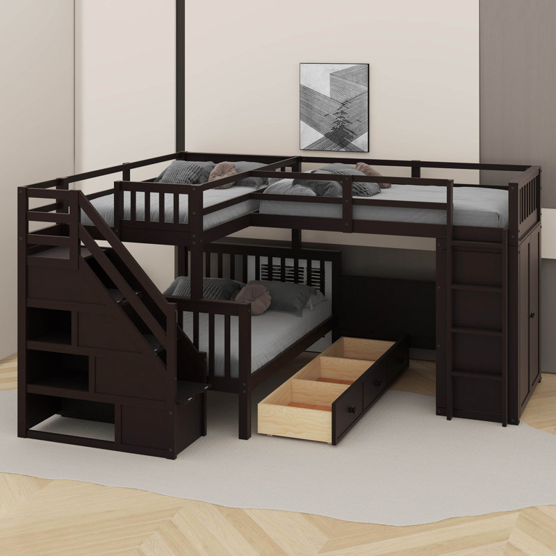 Lit simple superposé au dessus d'un lit double avec tiroirs, bureau et garde-robe, Espresso