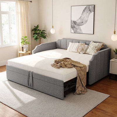 Twin Size Upholstered Daybed with Pop-Up Trundle & USB Charging Ports - Gray, Space-Saving & Stylish