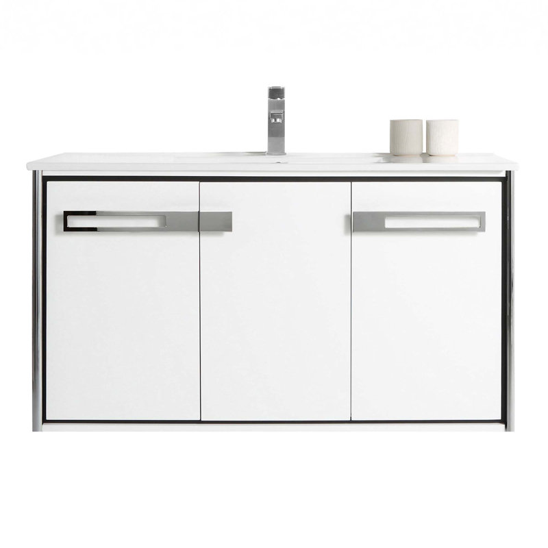 42'' Single Bathroom Vanity with Vitreous China Top, Polished Chrome, White Matte