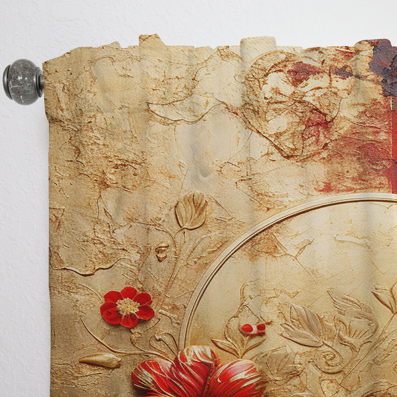 Anson God And Red Floral Japanese Tiles II - Modern Velvet Curtain - Room Darkening - 1 panel, 52" W x 90" L