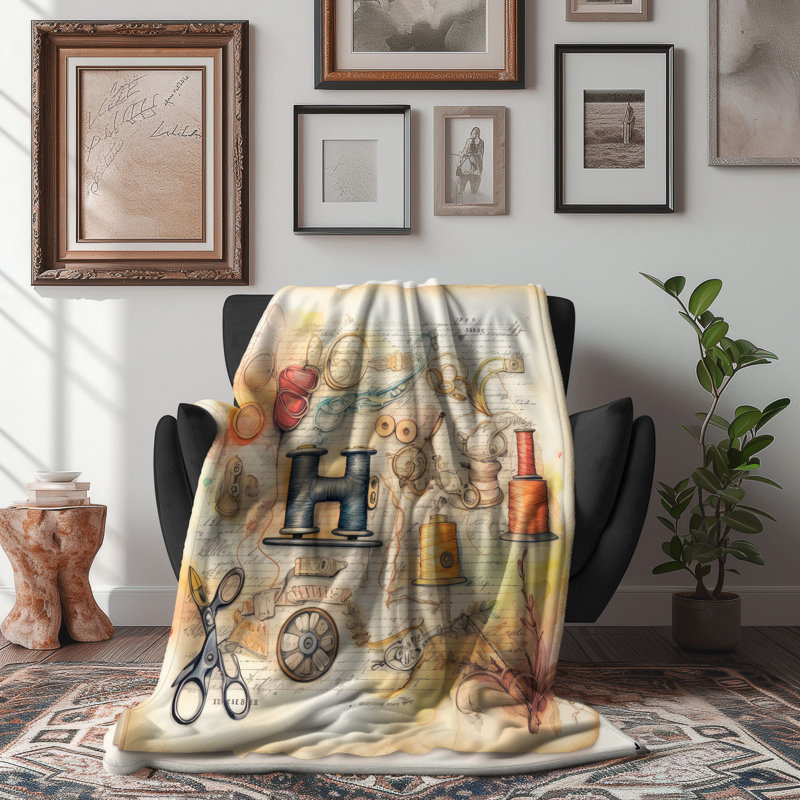 Ensemble de fournitures de couture rétro - couverture en sherpa de qualité supérieure - reproduction d'art luxueuse