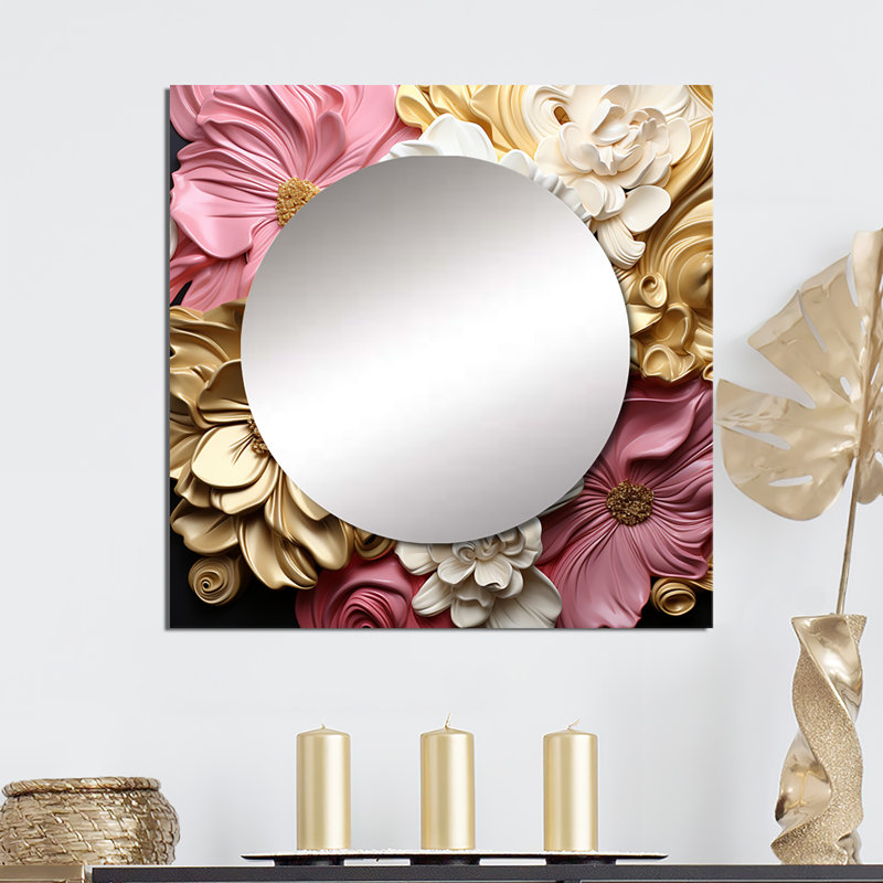 Liquide fleur liquide délicat et rose clair II - formes abstraites miroir carré pour décoration murale, 23 po x 23 po