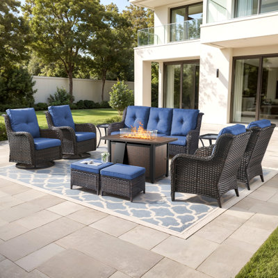Wendye 10-Piece Outdoor Wicker Patio Set With Swivel Glider Chairs & 55,000 BTU Fire Pit Table