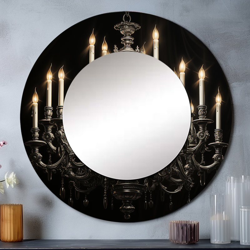 Chandelier Elegant Monochrome Pointillism II - Chandelier Unique Wall Mirror, Gray Round Mirror, Printed Metal Art, 23" x 23"