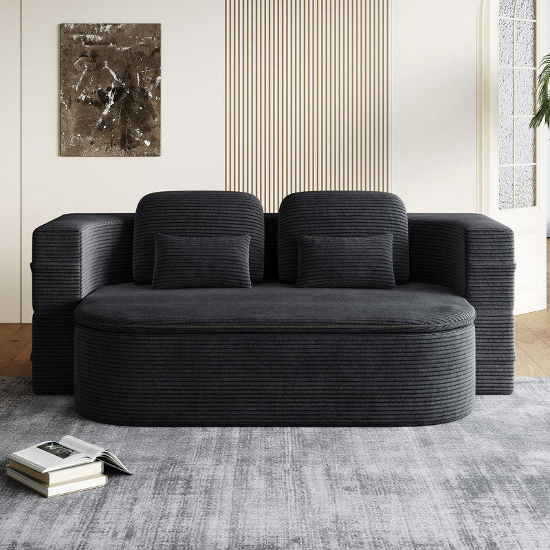 Mikali  Compression Foldable Sleeper Sofa with Built-in Blanket & 4 Pillows, Black Corduroy