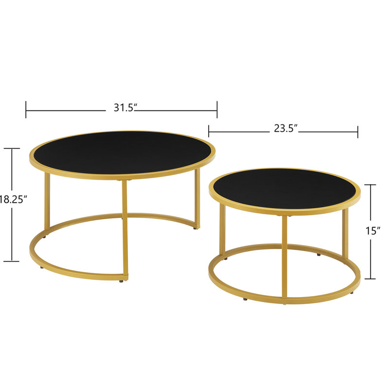 Ensemble de 2 tables basses modernes en similicuir avec base en métal doré, table d'appoint pour salon, Black