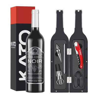Wine Accessories Gift Set - Wine Bottle Corkscrew Opener Kit, Drip Ring, Foil Cutter and Wine Pourer and Stopper in Novelty Bottle-Shaped Case Valentine's Gift