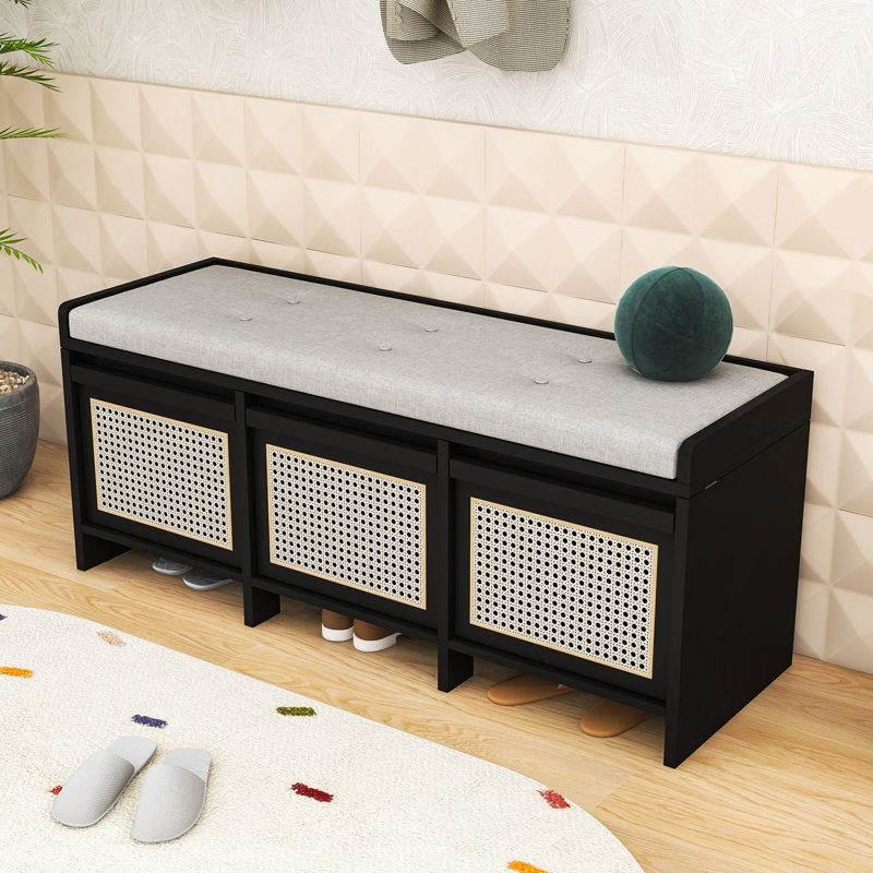 Banc de rangement pour chaussures en rotin avec coussin amovible capitonné, compartiment caché et 3 tiroirs, Black