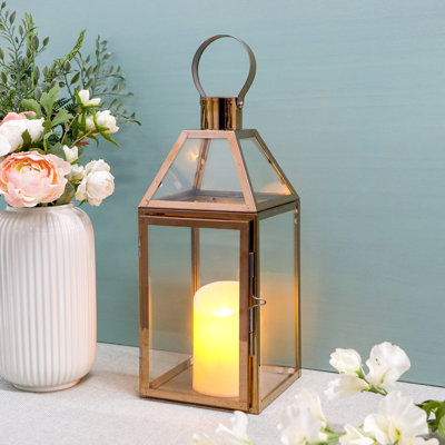 25cm H Rose Gold Stainless Steel & Tempered Glass Candle Lantern