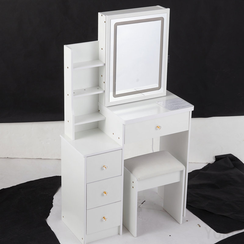 Table de coiffeuse avec miroir de chevet à gauche 29,2 po avec petit tabouret avec tabouret rembourré, grande commande tactile, interrupteur 3 couleurs, miroir à luminosité réglable, rangement grande capacité, certificat EPA, GCC, UL