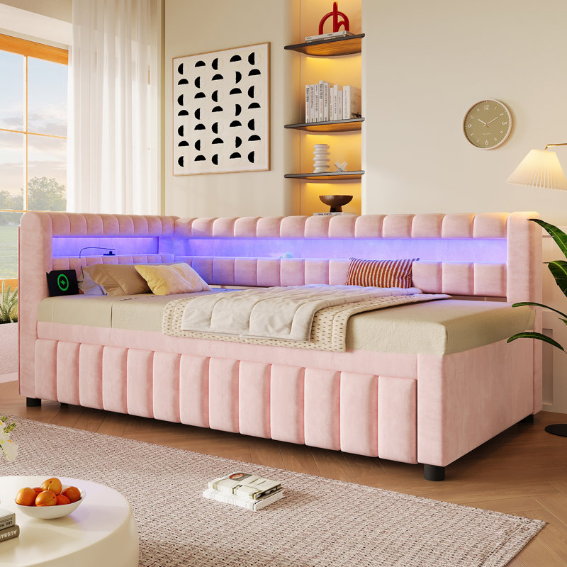 Twin Xl To King Size Upholstered Daybed With Led, Usb And Pull Out Trundle, Pink