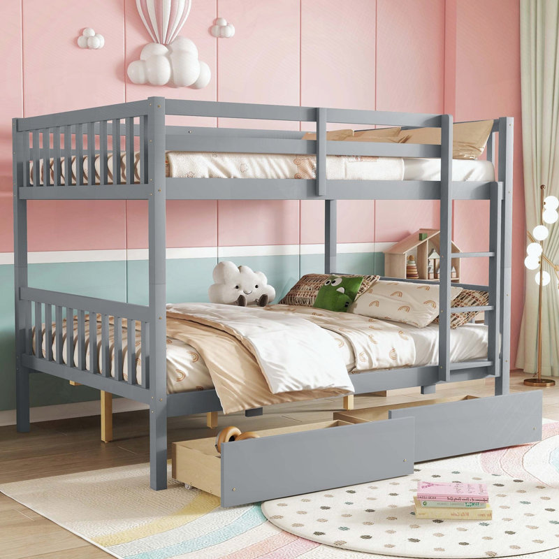 Full Over Full Convertible Bunk Bed with 2 Storage Drawers, Gray, Full / Double