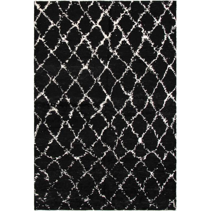 Tapis unique en laine noué à la main crème / noir 6 pi 2 po x 9 pi Theodora