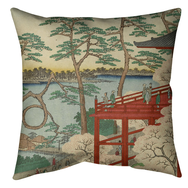 Coussin décoratif Kiyomizu Hall et Shinobazu Pond à Ueno, 14 po x 14 po, Duvet synthétique, Rouge / Blanc