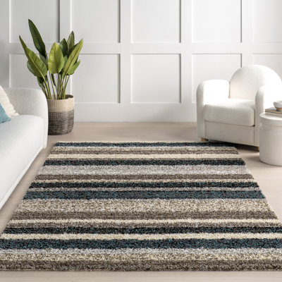 City Striped Shag Tufted Performance Brown/Teal/Blue Rug