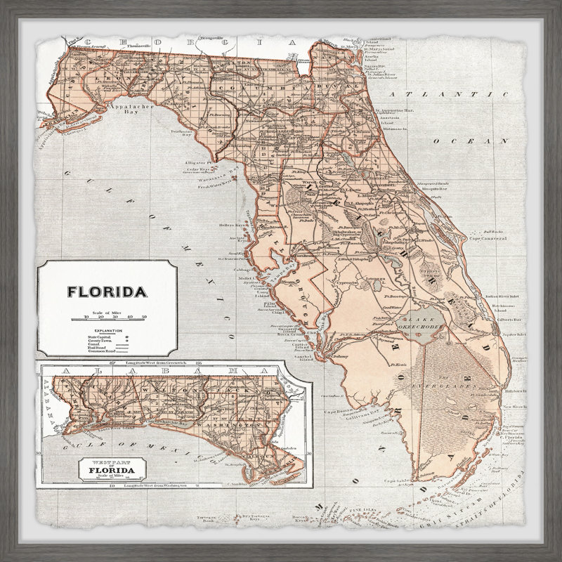 «Old Map of Florida», reproduction d'art graphique sur papier encadré, H 18 po x l 18 po x 1,5 po
