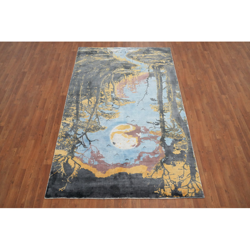 Tapis captivant à motif abstrait 5 x 8 avec une lune majestueuse et une forêt au crépuscule